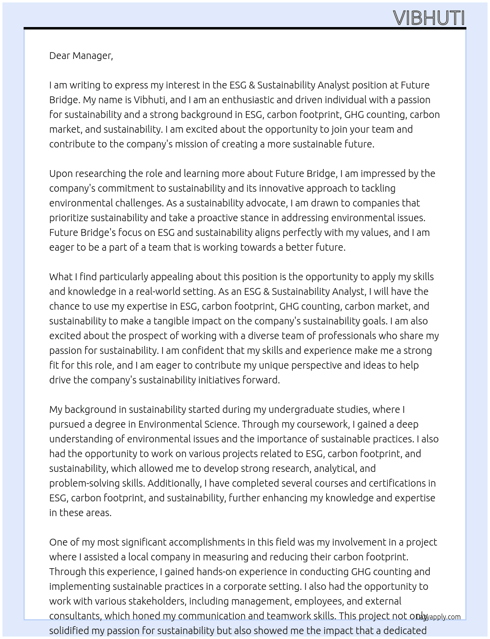 ESG & SUSTAINABILITY ANALYST At FUTURE BRIDGE Cover Letter