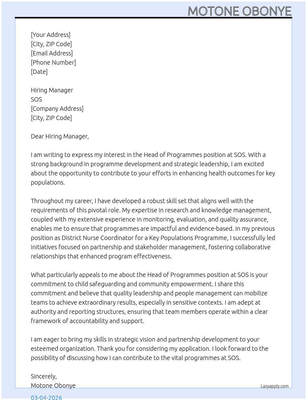 Cover letter for head of programmes - LazyApply