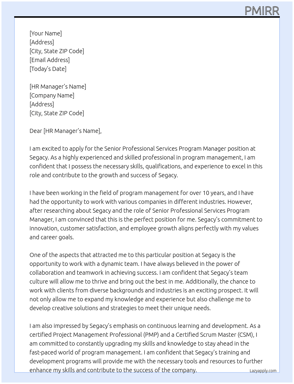 Senior Professional Services Program Manager At Segacy Cover Letter