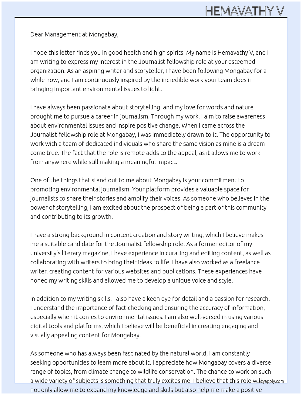 Journalist  At Mongabay Cover Letter