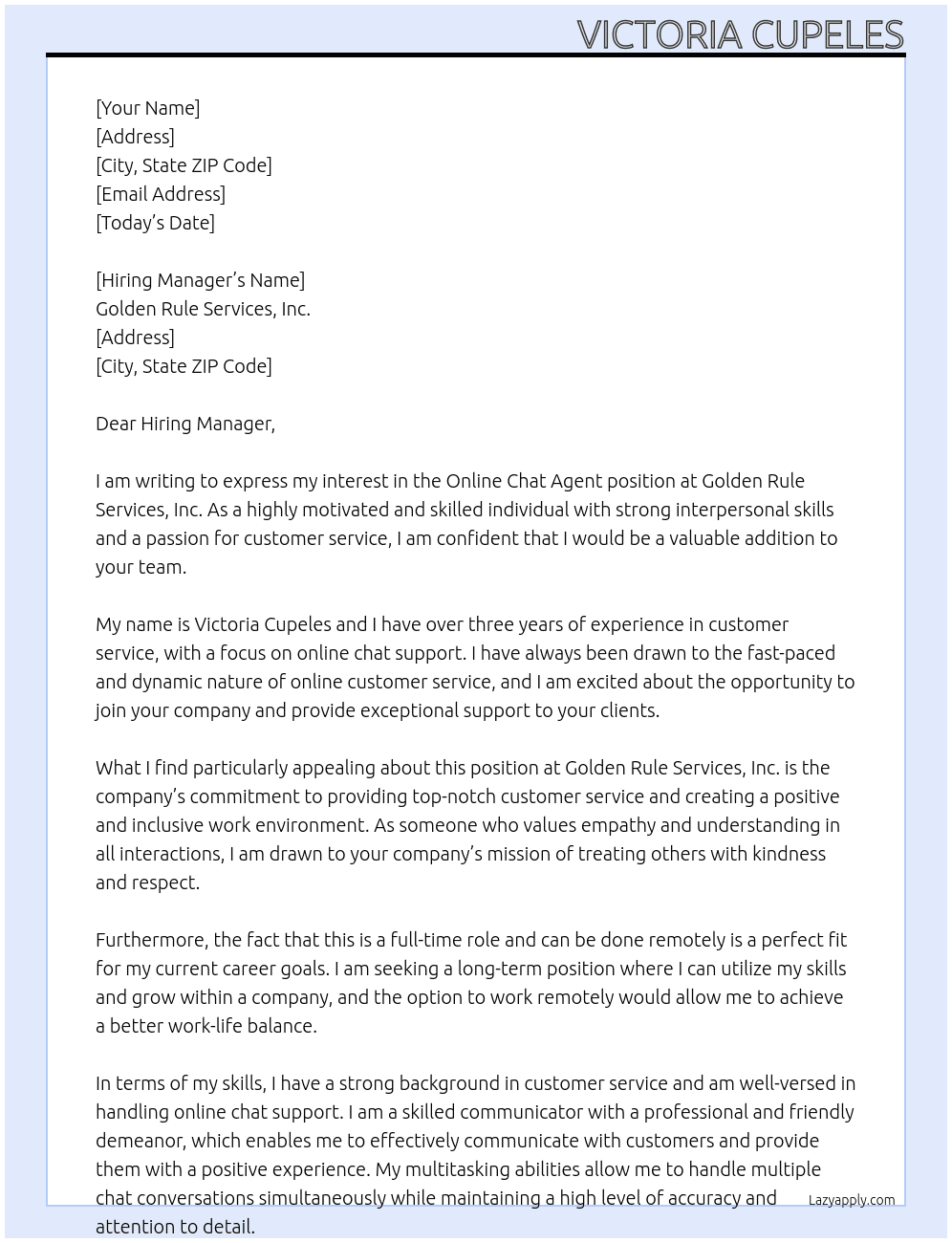 Online Chat Agent At Golden Rule Services, Inc Cover Letter