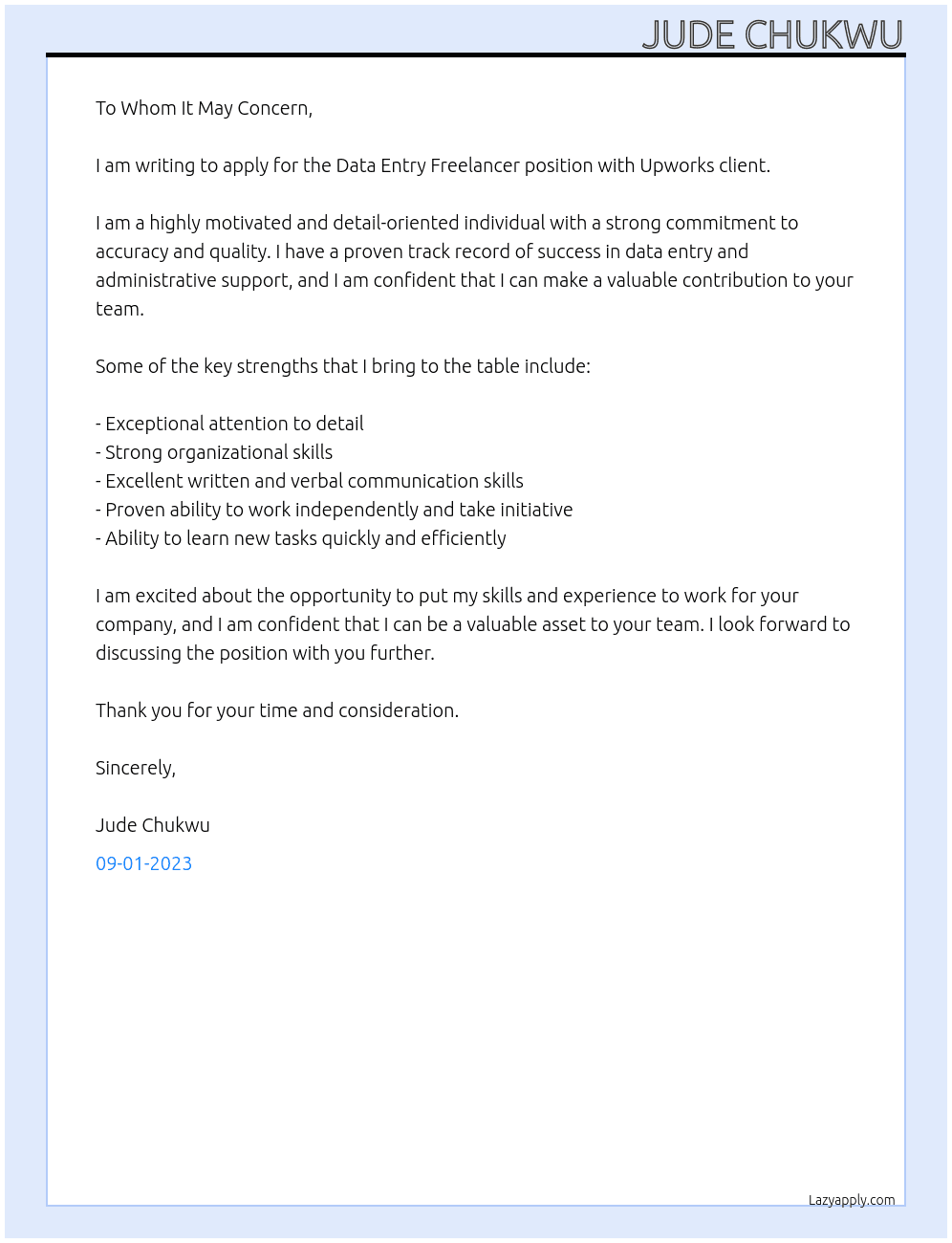 Data Entry Freelancer At Upworks client Cover Letter