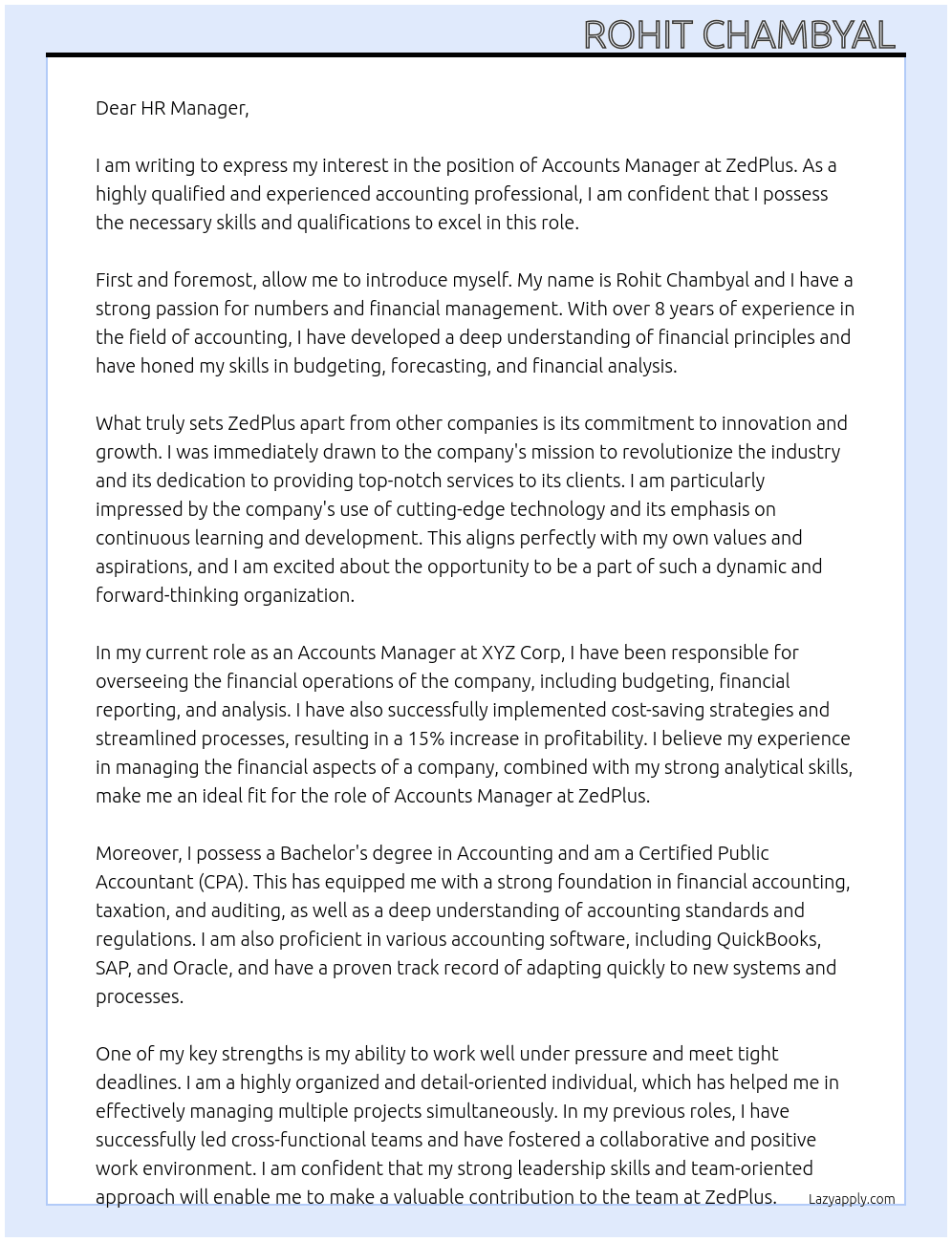 Accounts Manager At ZedPlus  Cover Letter