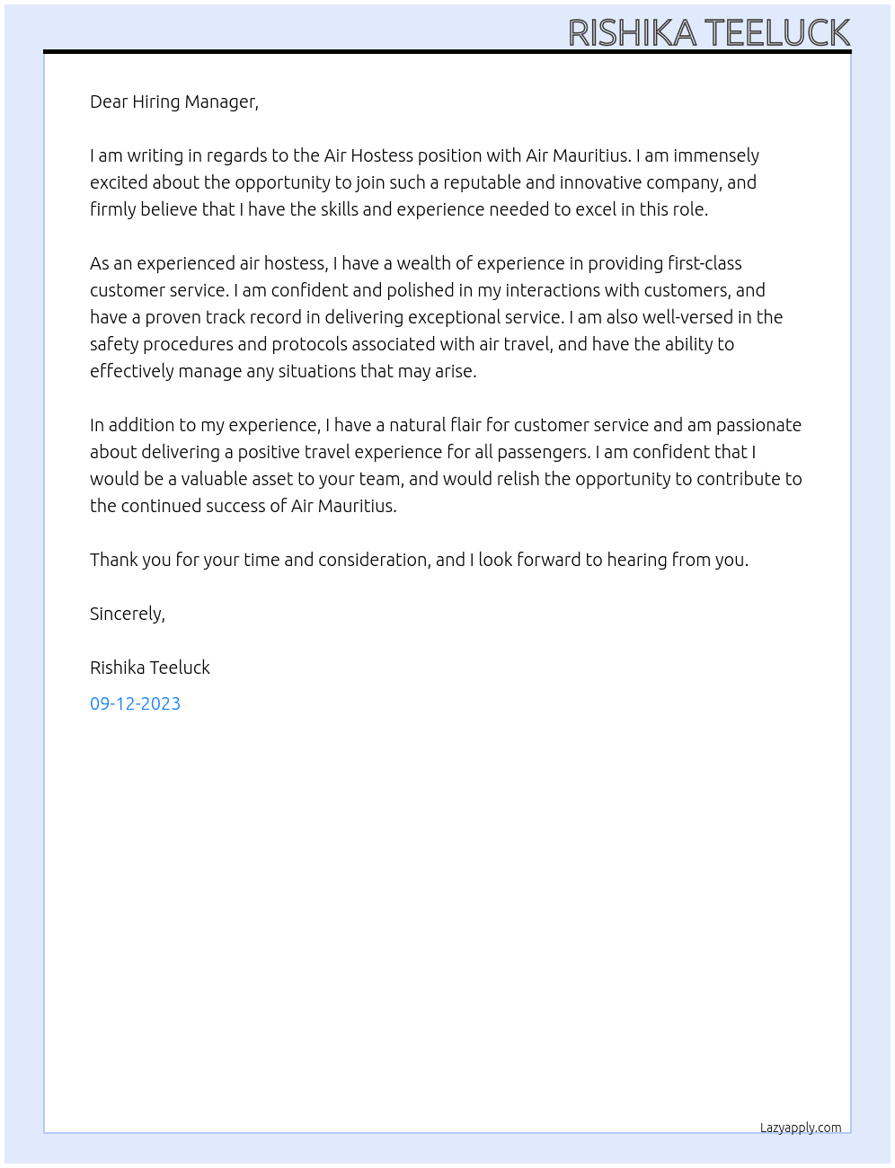 Air Hostess At Air Mauritius Cover Letter