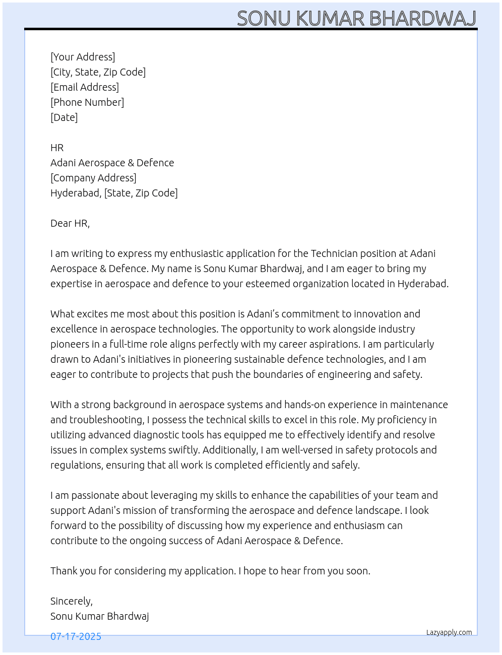 Technician  At Adani aerospace & defence  Cover Letter