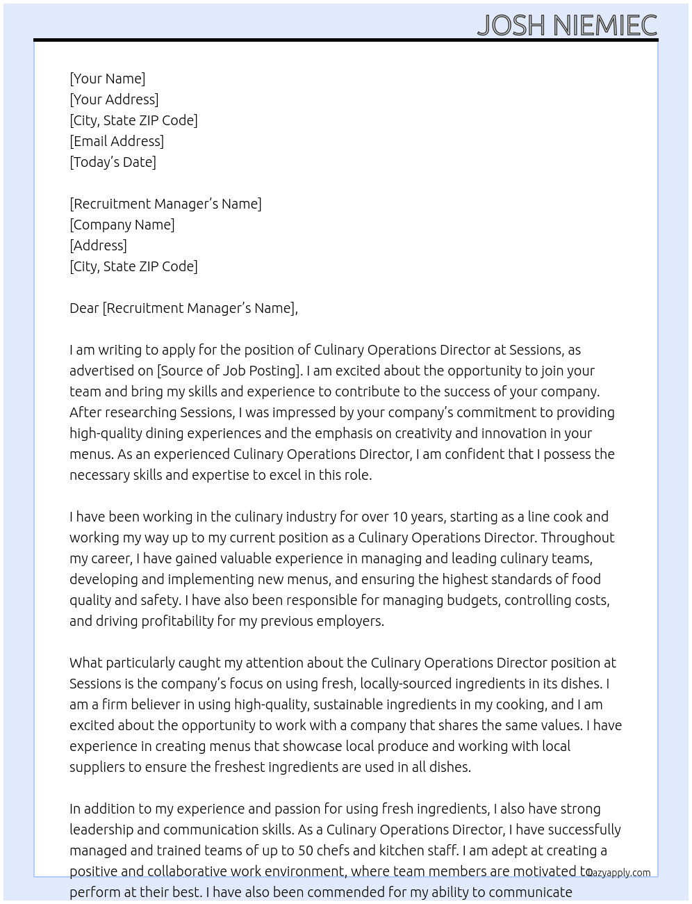 Culinary Operations Director At Sessions Cover Letter