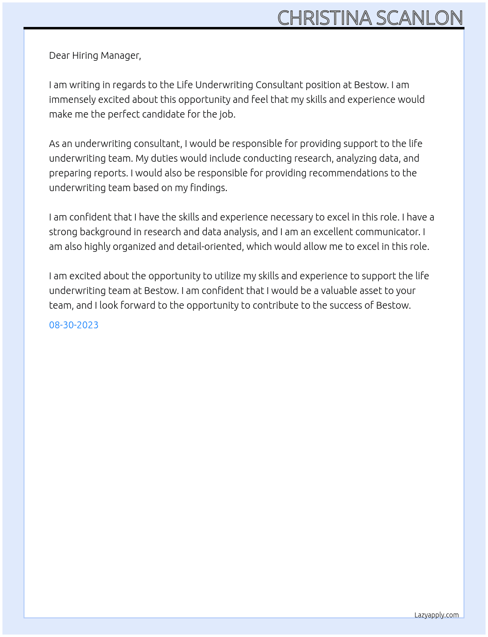 Life underwriting consultant At Bestow Cover Letter