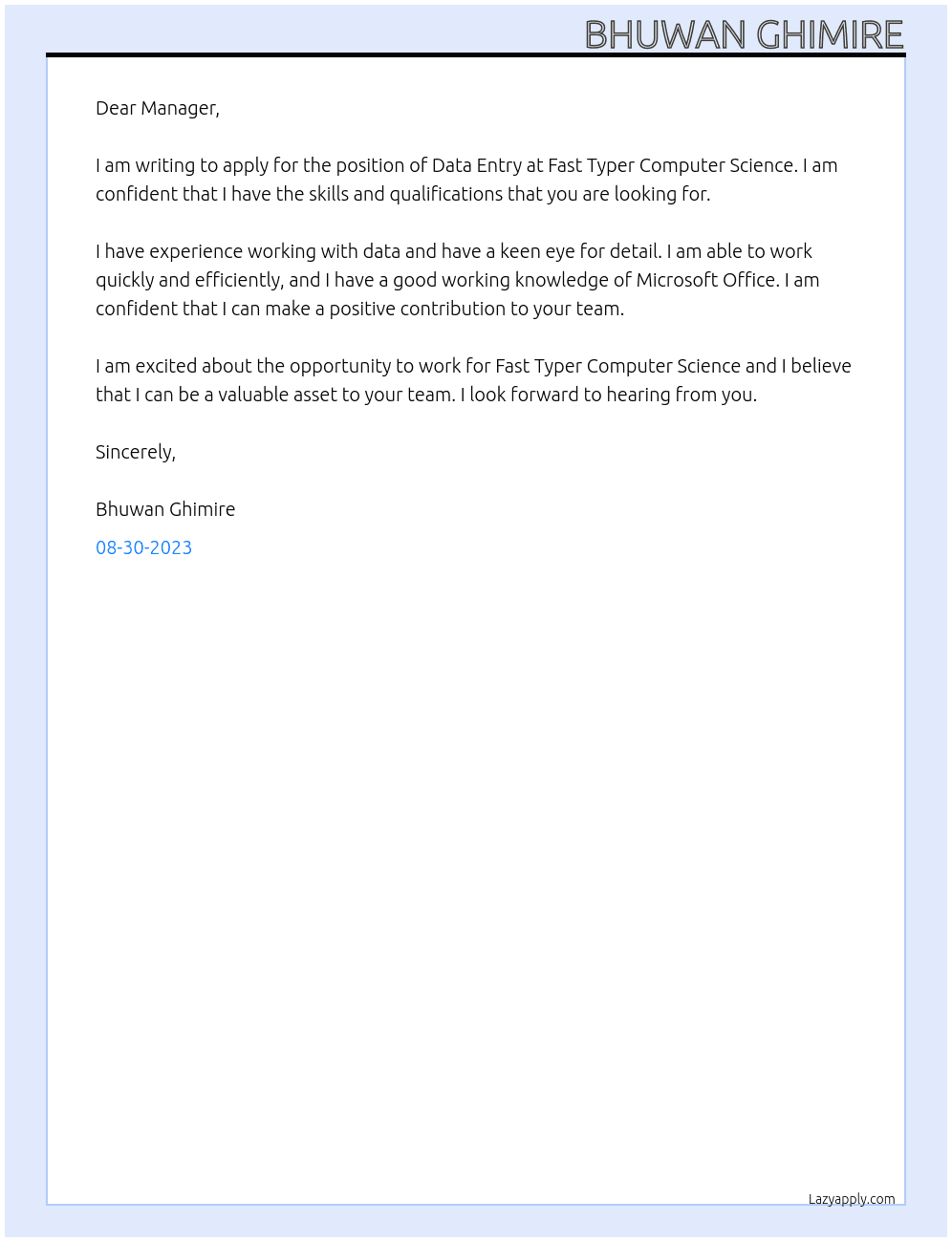Data Entry At Fast Typer Computer Science Cover Letter