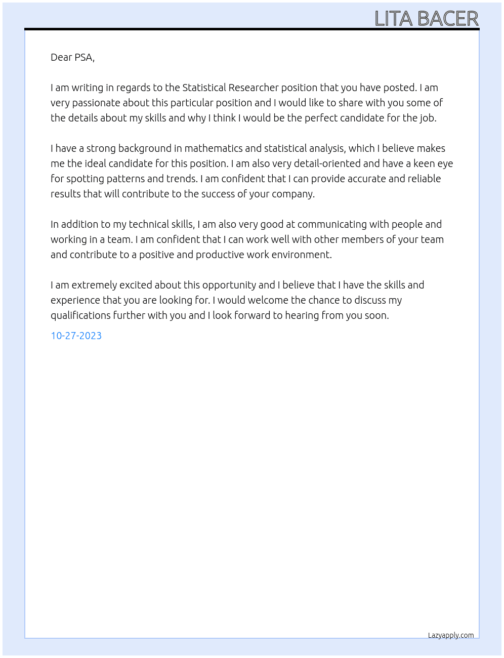 Statistical Researcher  At Maria Cover Letter