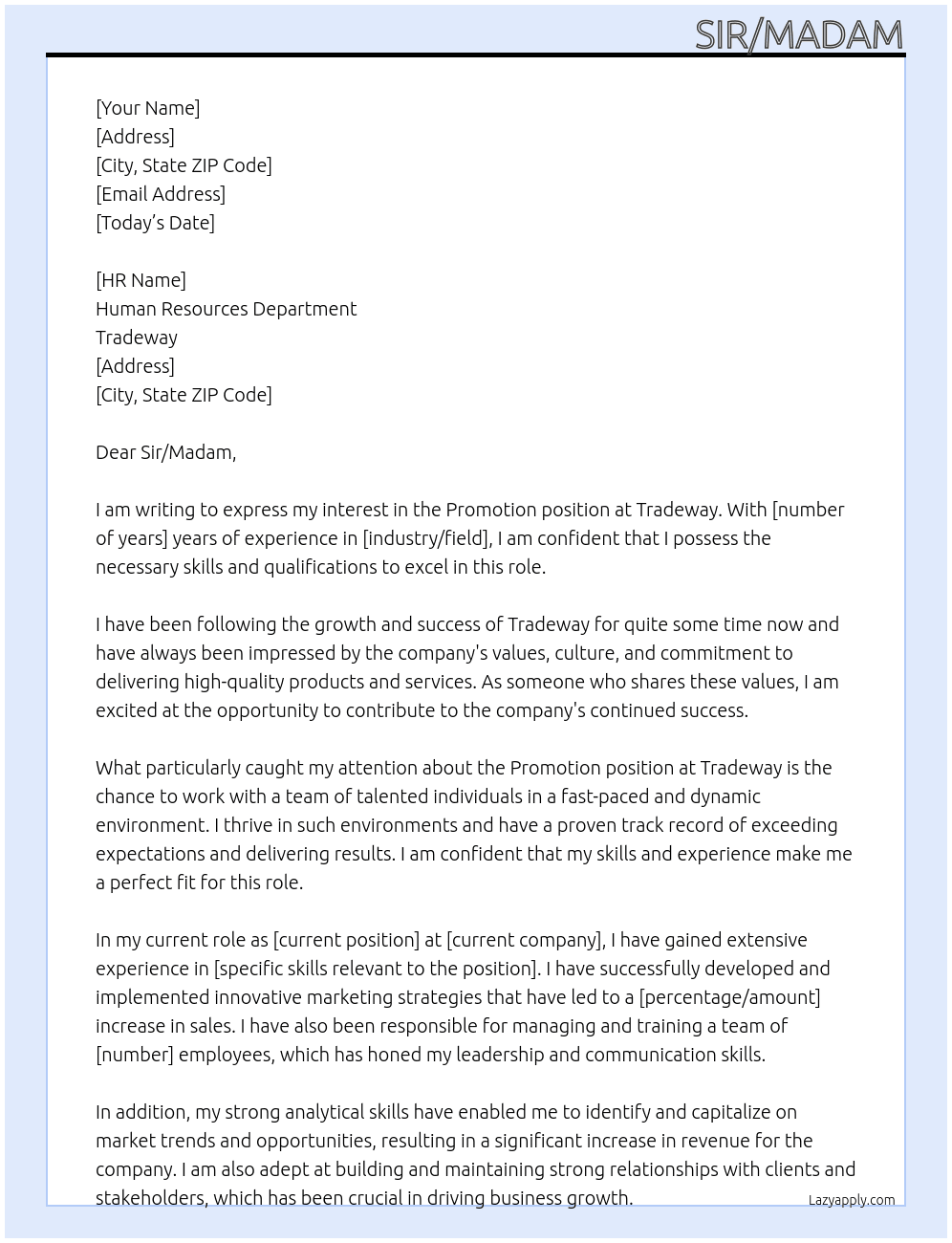 Promotion  At Tradeway Cover Letter