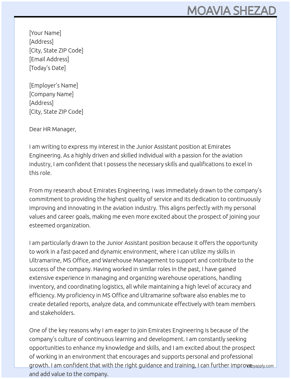 Junior Assistant At Emirates Engineering Cover Letter