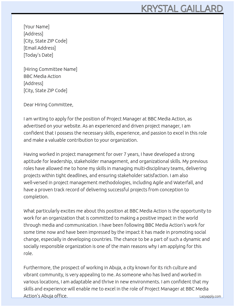 Project Manager At BBC Media Action Cover Letter