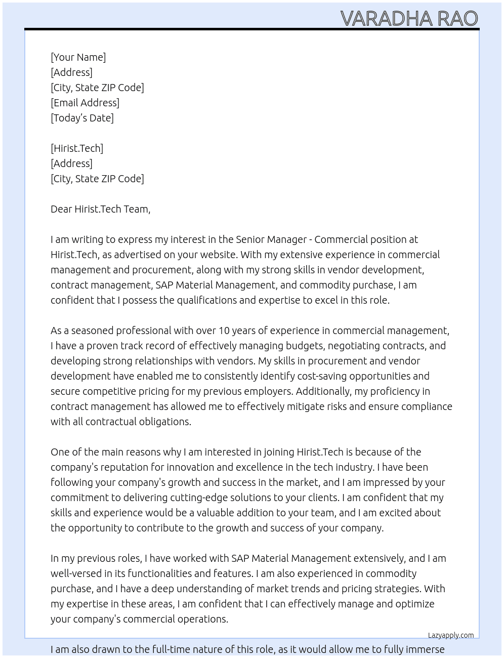 Senior Manager - Commercial At Hirist.Tech Cover Letter