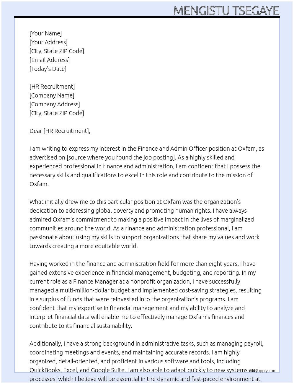 Finance and Admin Officer At Oxfam Cover Letter