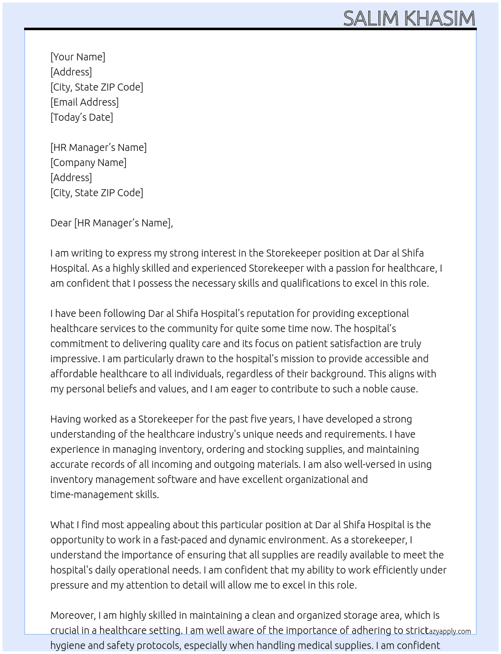 storekeeper At Dar al shifa hospital Cover Letter