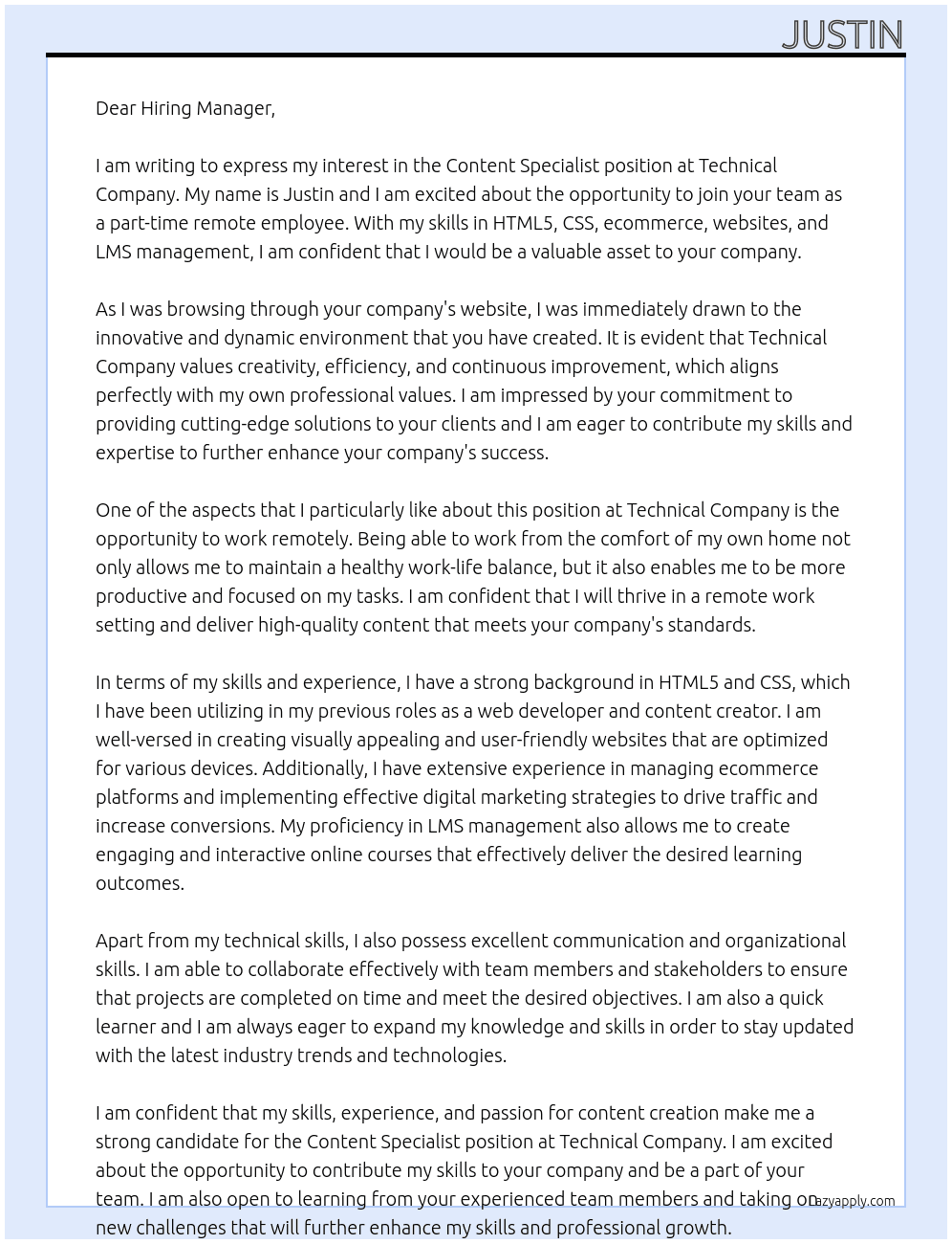 Content specialists At Technical Company Cover Letter