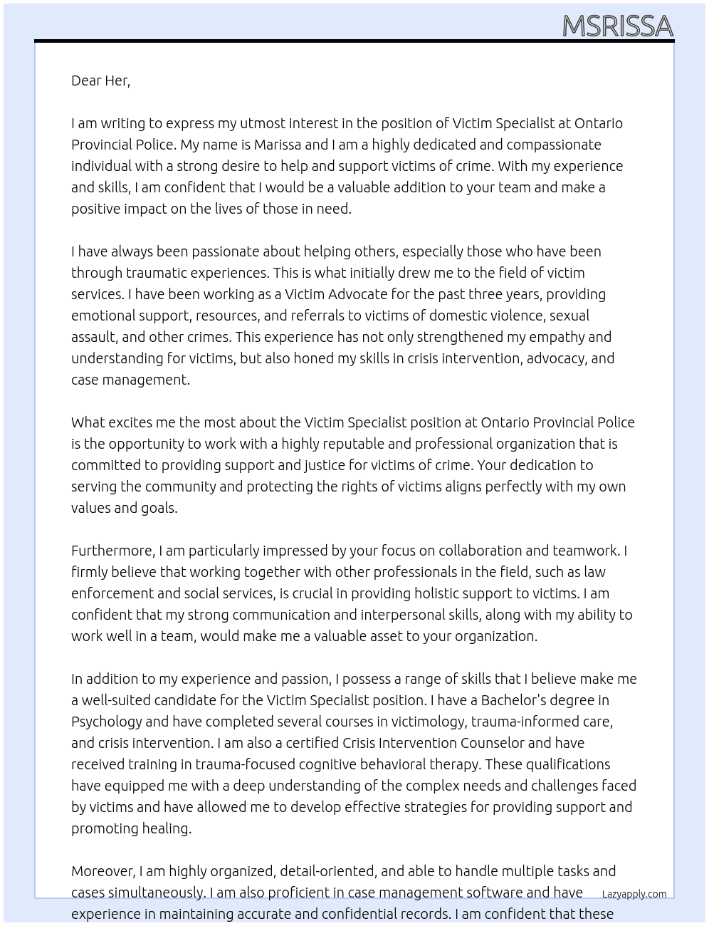 Victim specialist  At Ontario provincial police  Cover Letter