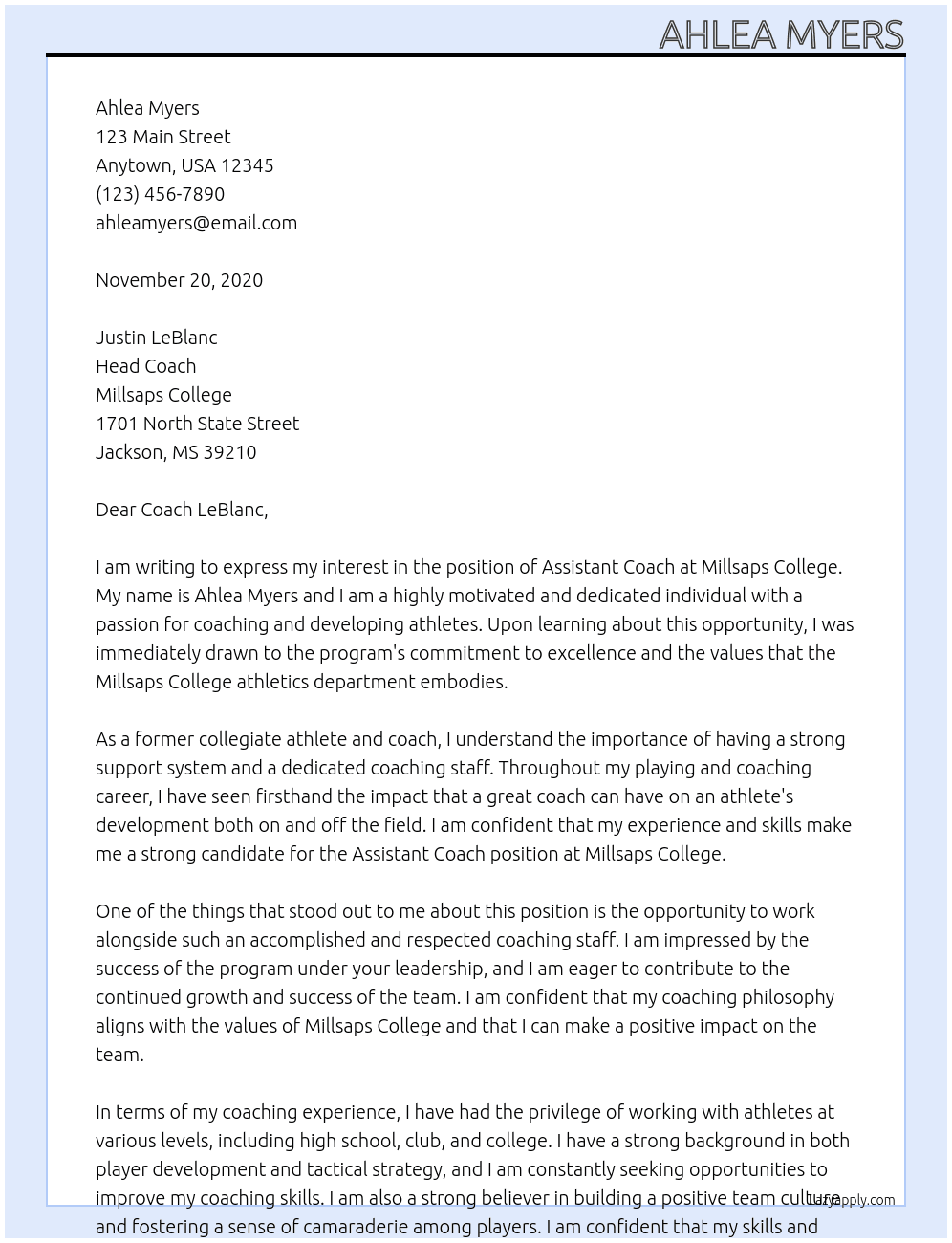 Assistant Coach At Millsaps College Cover Letter