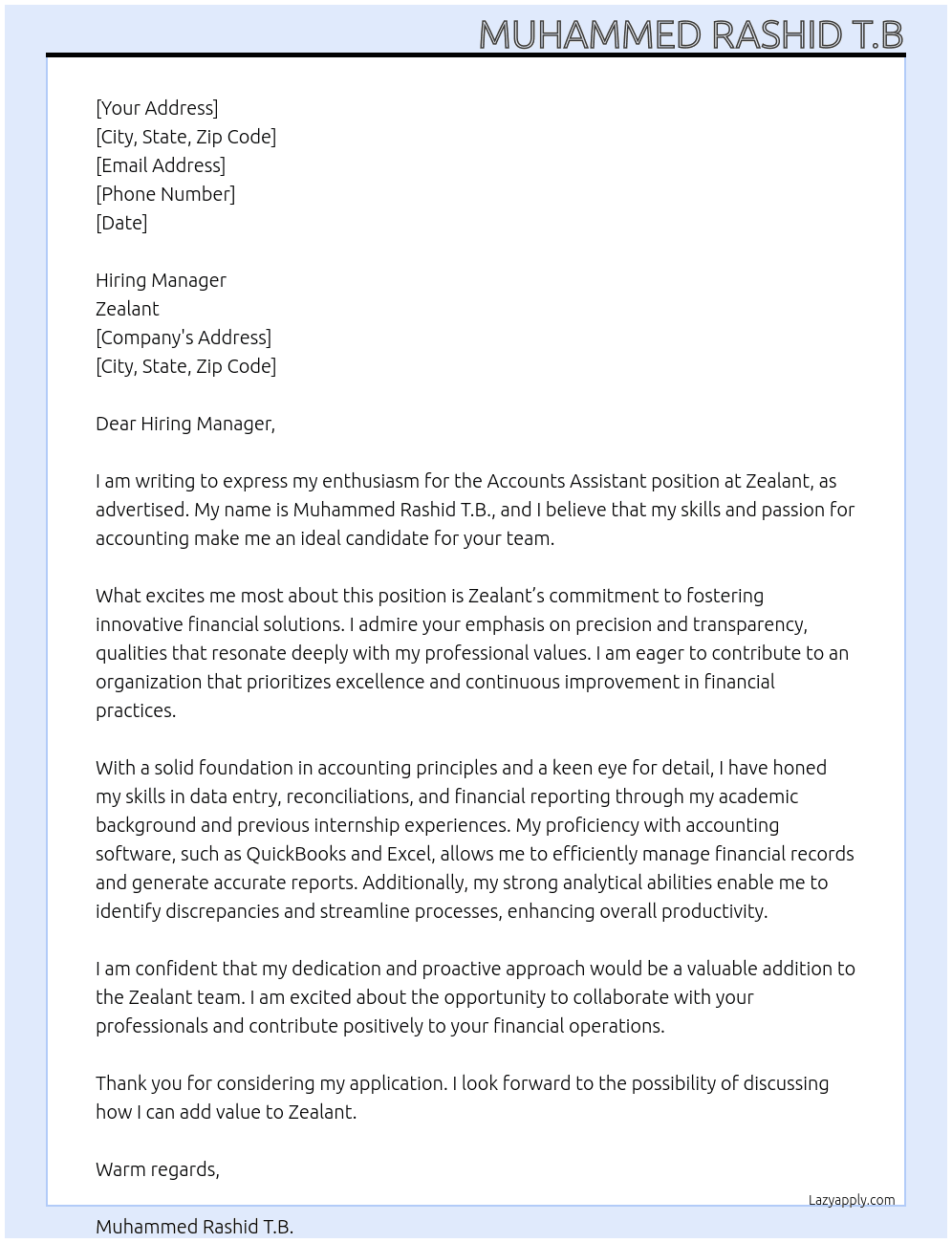 Accounts assistant  At zealant Cover Letter