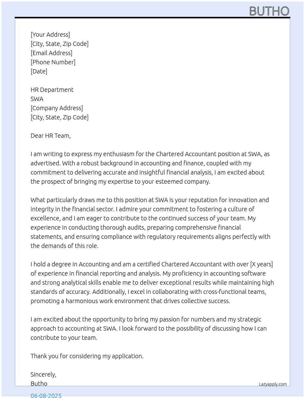 Chartered accountant At swa Cover Letter
