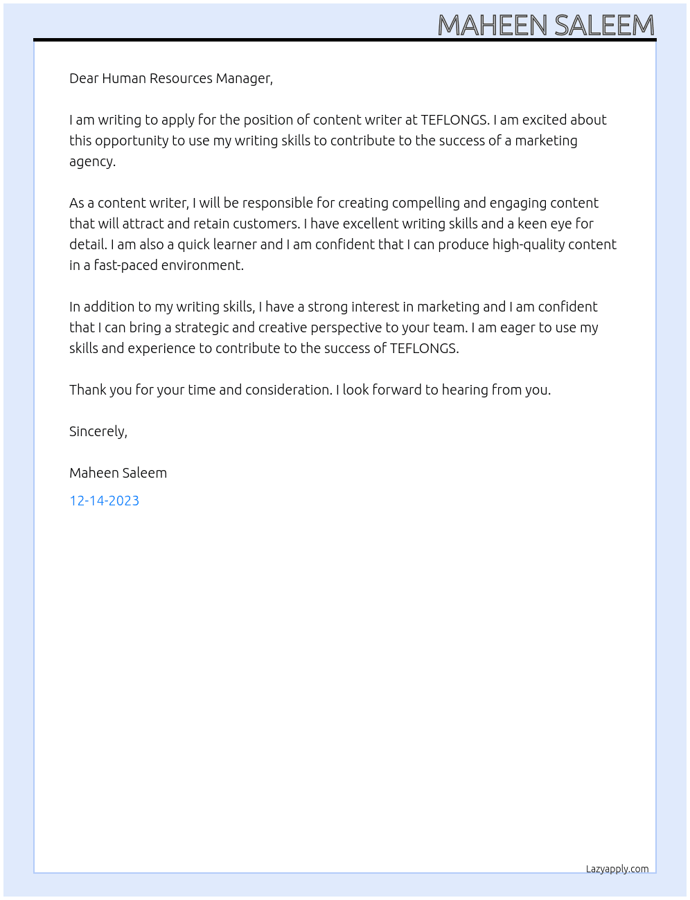 content writer At TEFLONGS - A Marketig Agency Cover Letter
