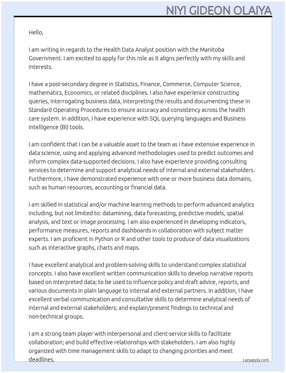 Health Data Analyst At Manitoba Government Cover Letter