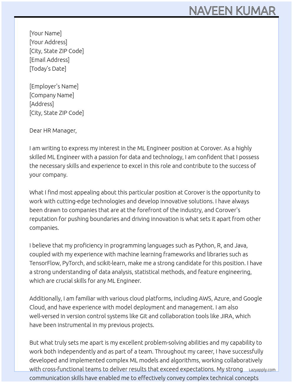 ML Engineer At corover Cover Letter