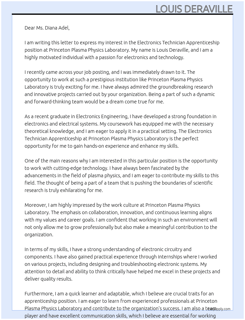 Electronics Technician Apprenticeship At Princeton Plasma Physics Labratory Cover Letter