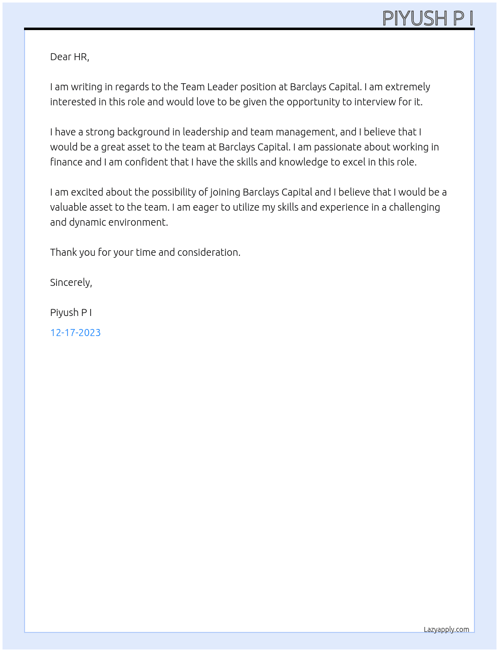 Team Leader At Barclays Capital  Cover Letter