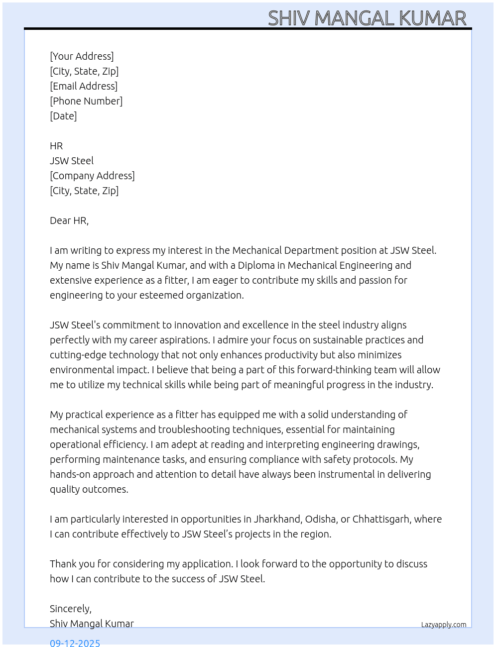 Mechanical Department  At JSW Steel  Cover Letter