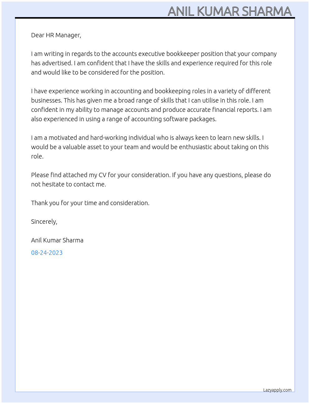 Accounts executive bookkeeper  At Pvt company  Cover Letter