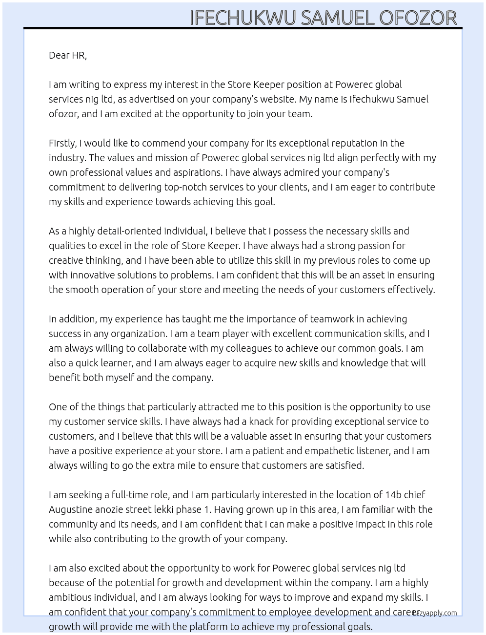 Store keeper  At Powerec global services nig ltd Cover Letter