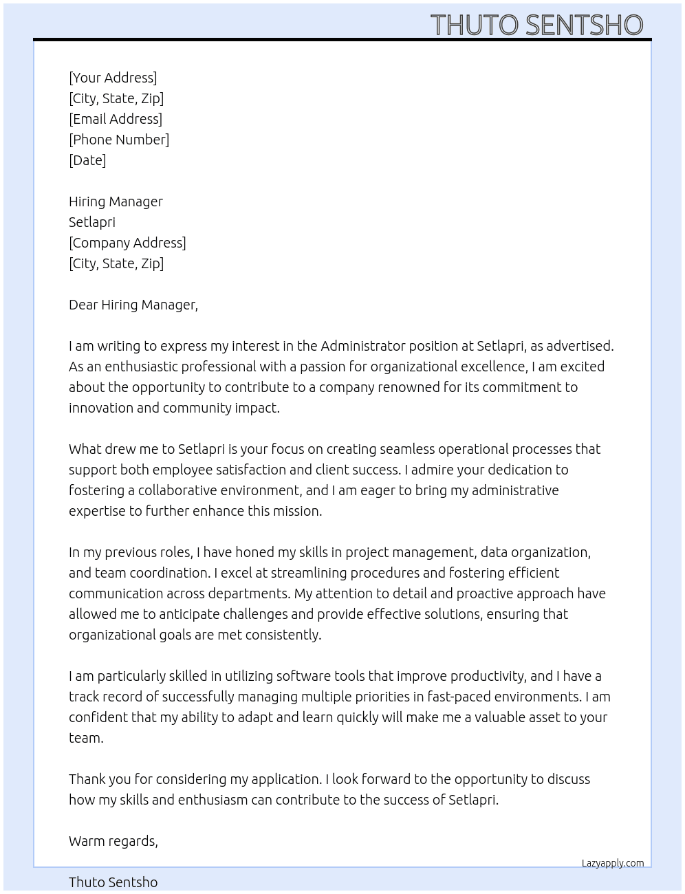 Administrator  At Setlapri  Cover Letter