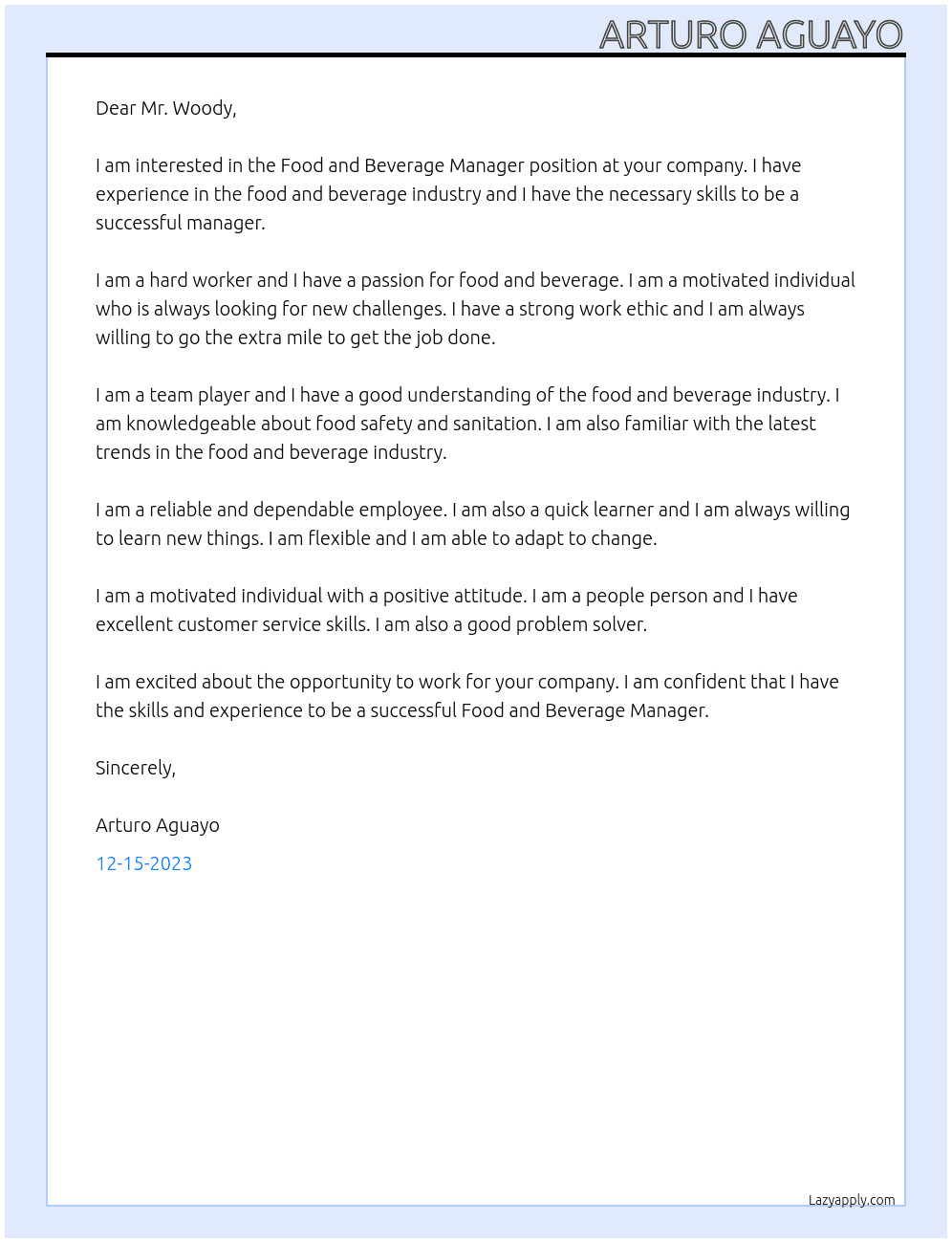 Food and Beverage Manager At Food and Beverage Director Cover Letter