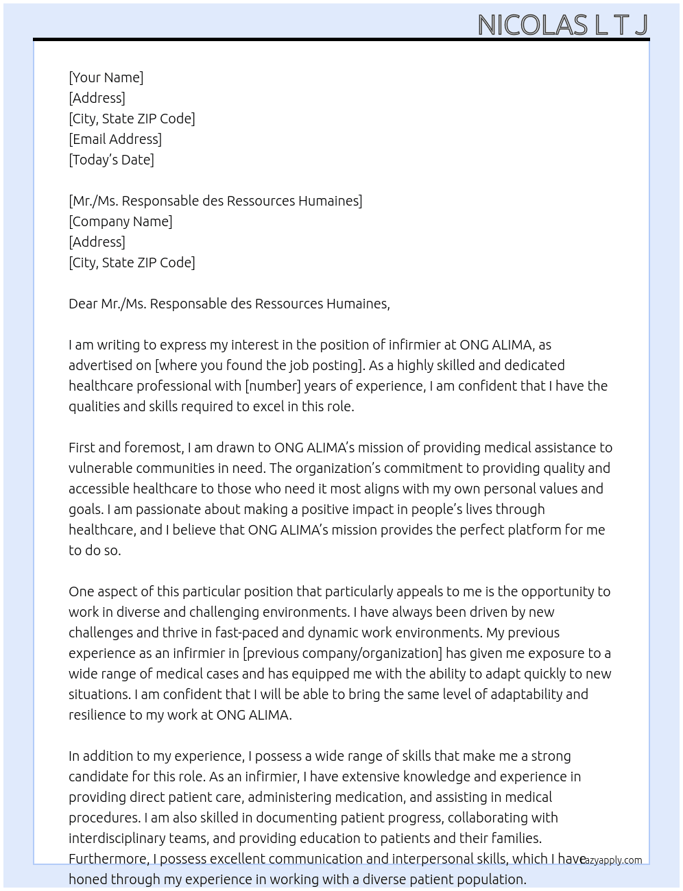 infirmier At ONG ALIMA Cover Letter