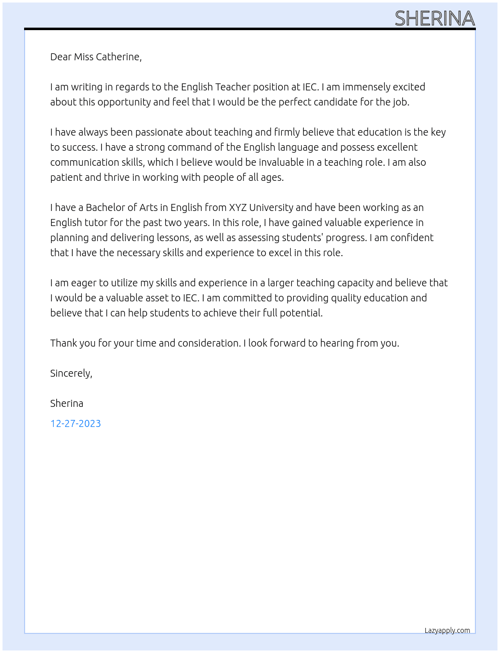 English Teacher At IEC Cover Letter