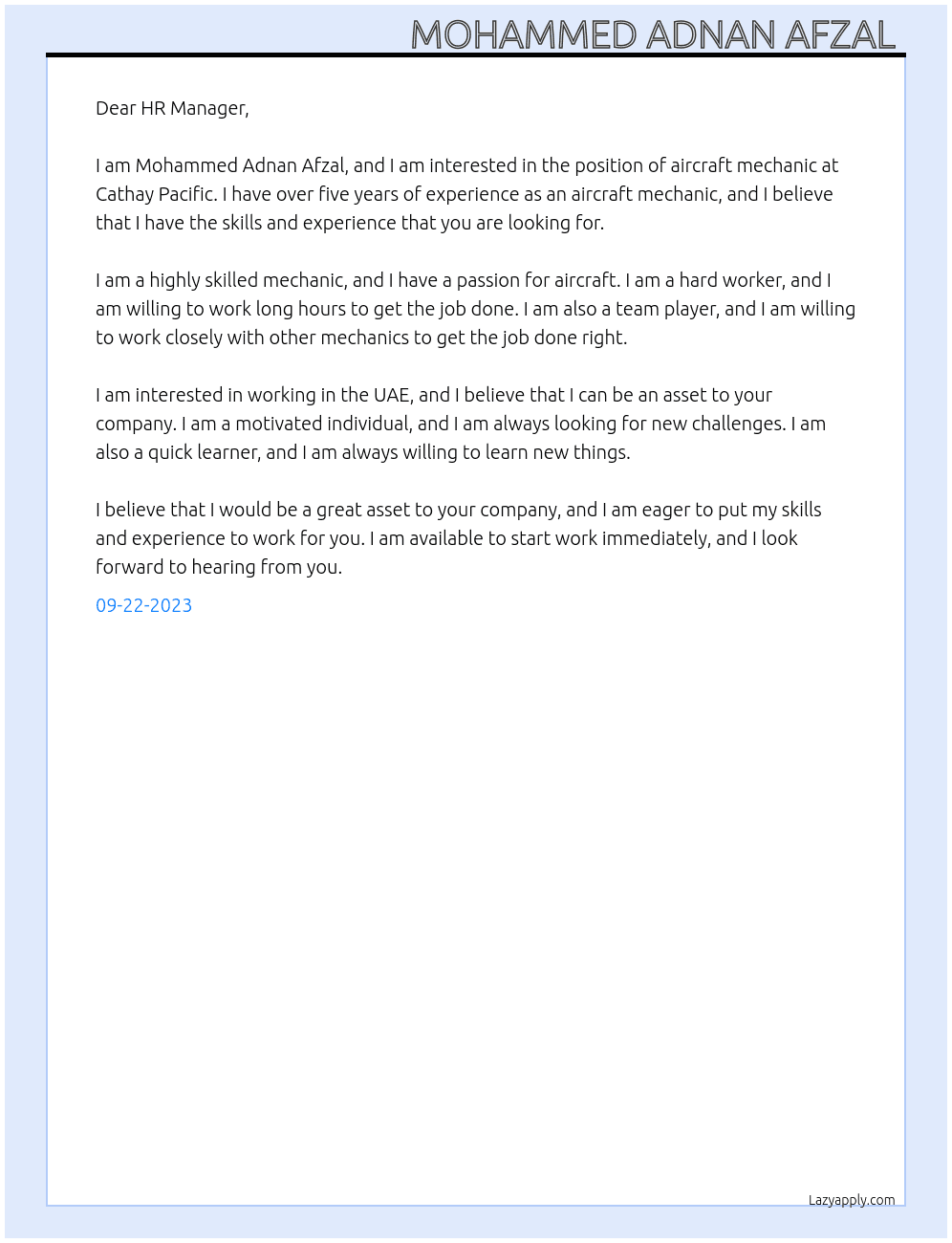 Aircraft mechanic At Cathay pacific Cover Letter