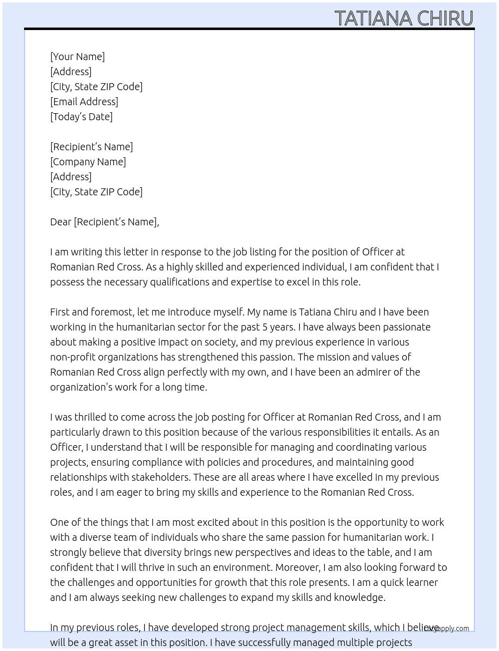 Officer At Romanian Red Cross  Cover Letter