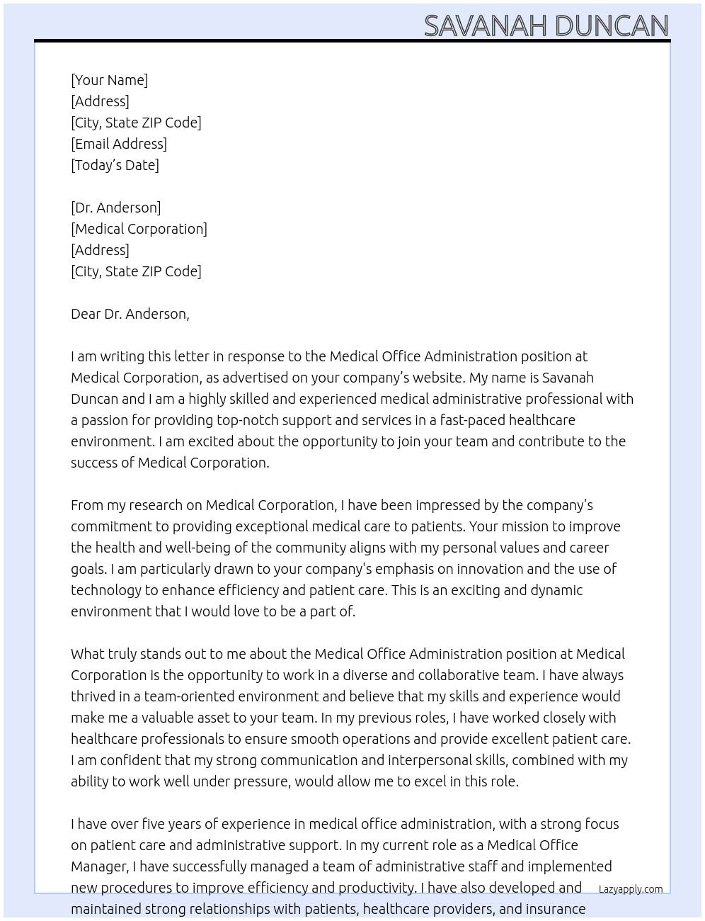 Medical Office Administration At Medical Corporation Cover Letter