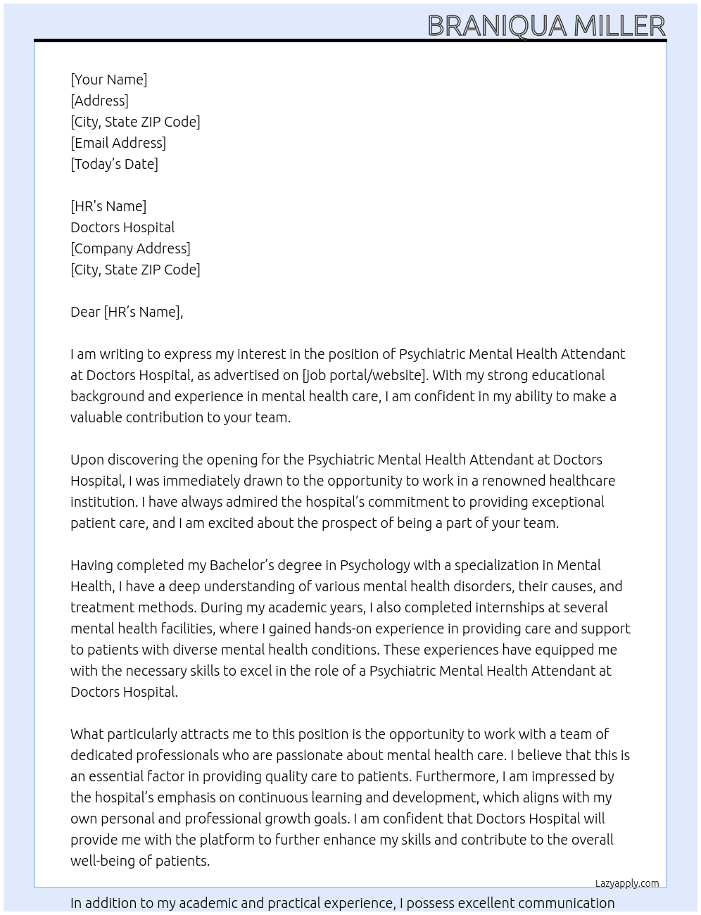 Psychiatric Mental Health Attendent  At Doctors Hospital  Cover Letter