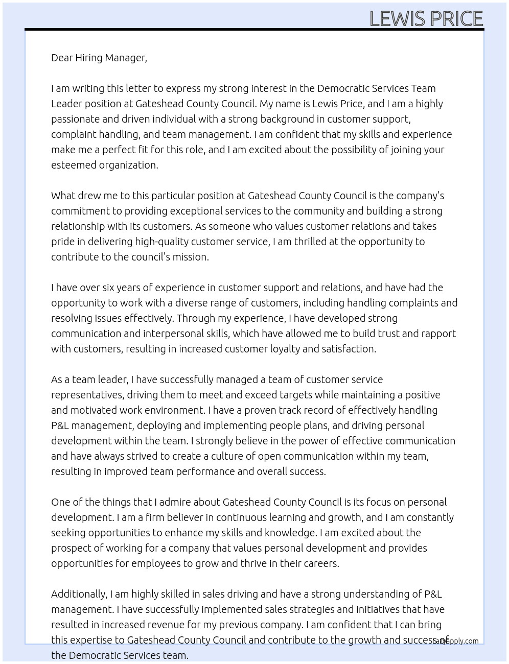 Democratic Services Team Leader At Gateshead County Council Cover Letter