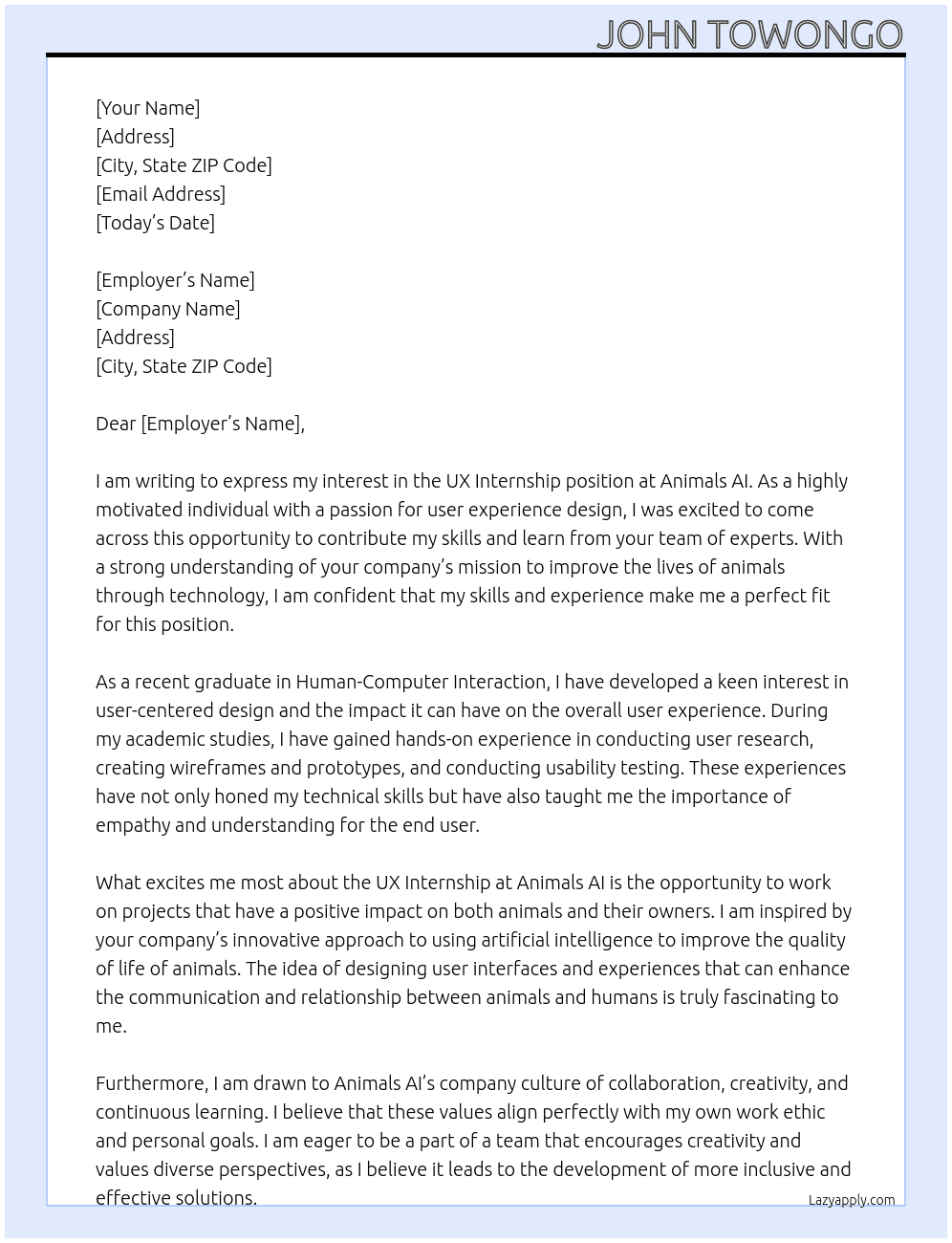 UX Internship At  Animals AI Cover Letter