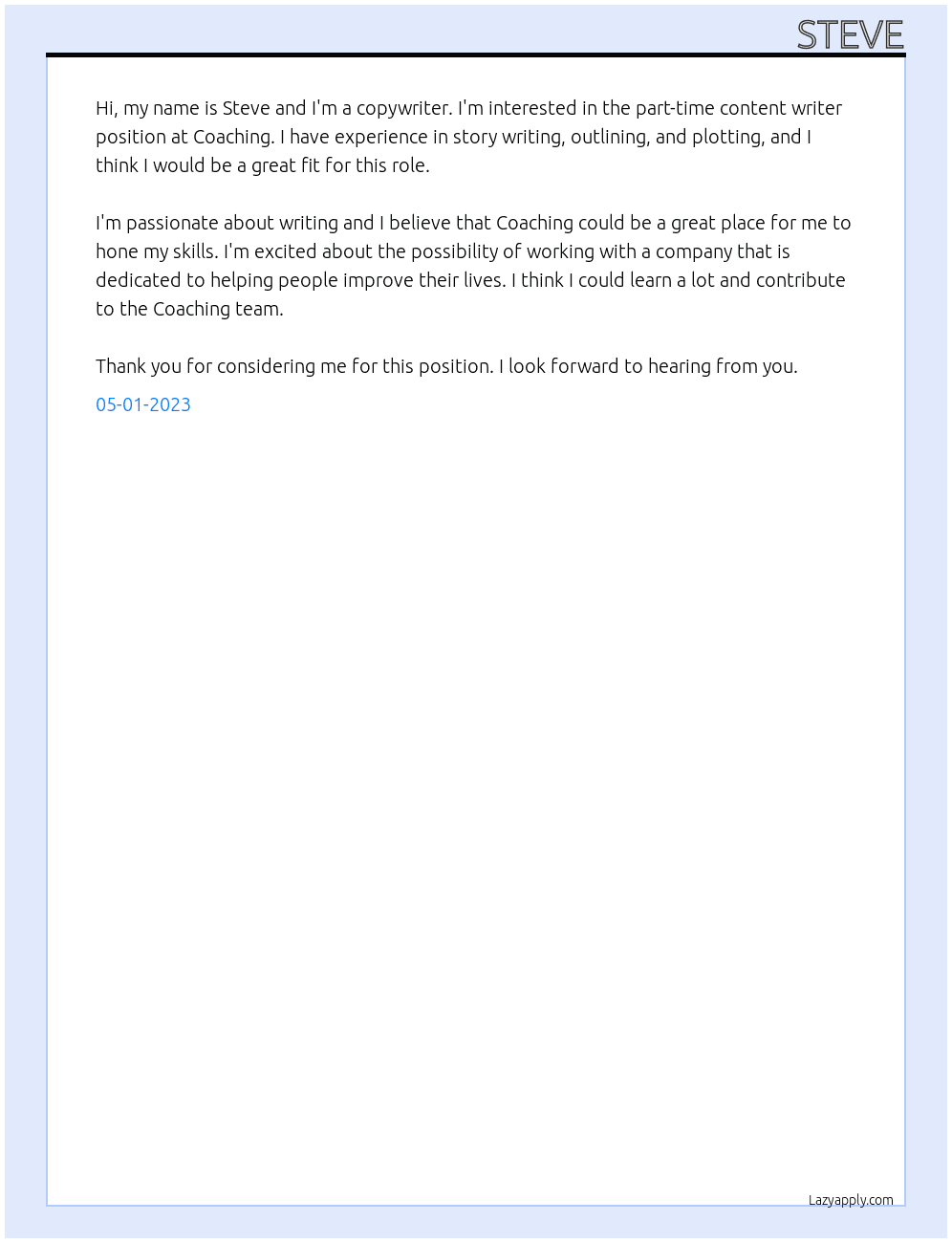Content Writer At Coaching Cover Letter