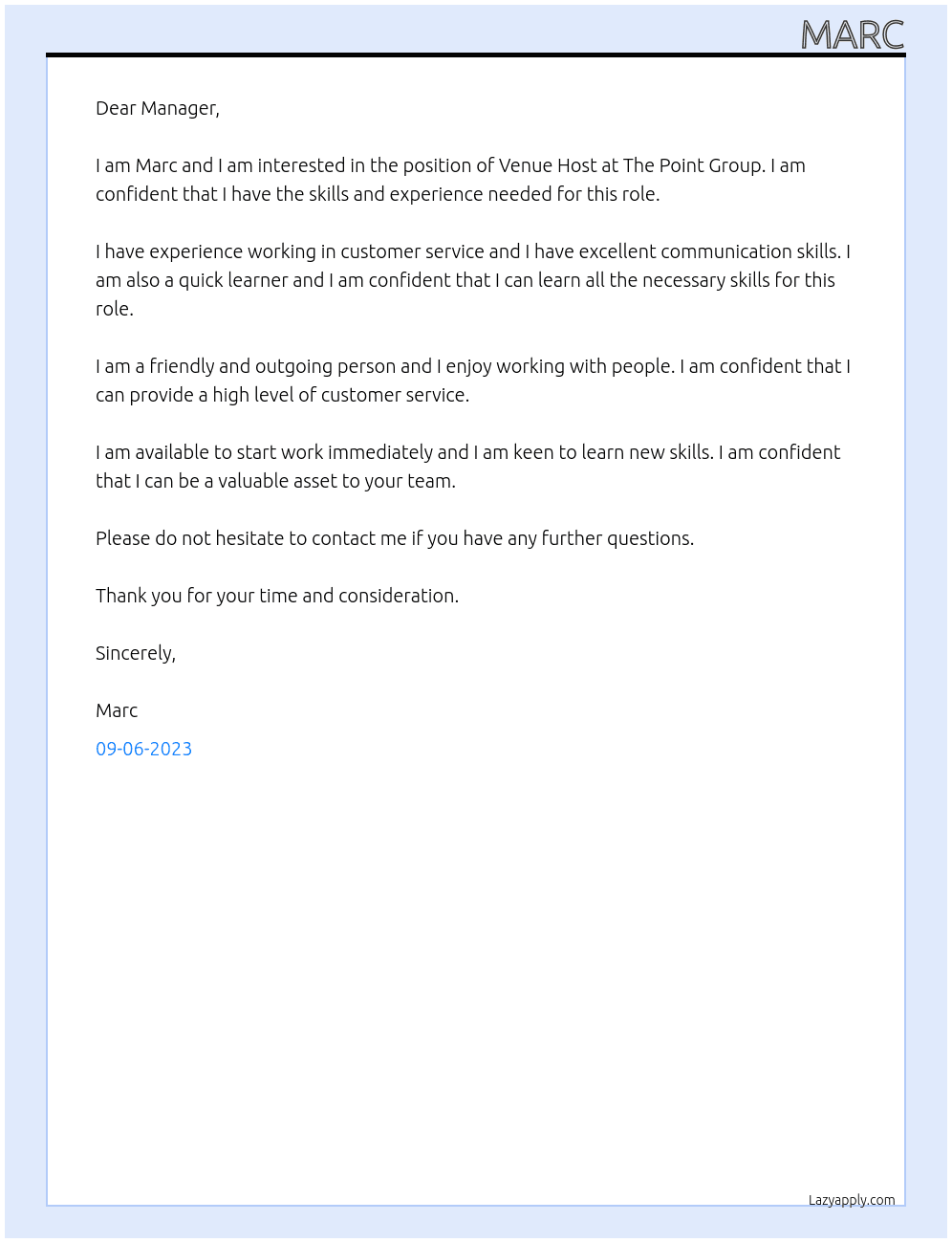 Venue Host At The Point Group Cover Letter