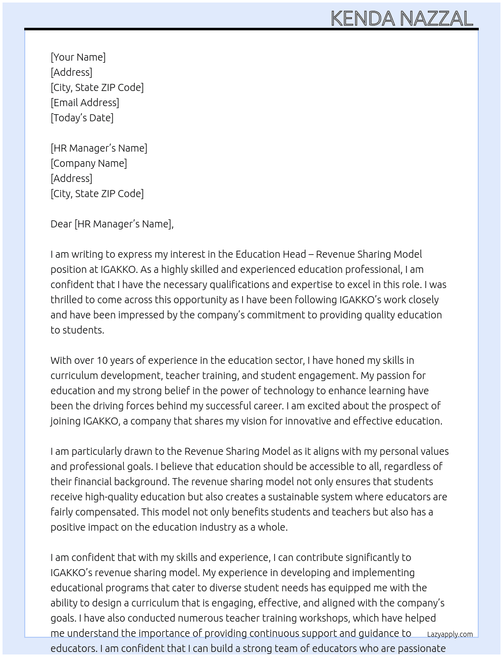 Education head revenue sharing model At IGAKKO Cover Letter