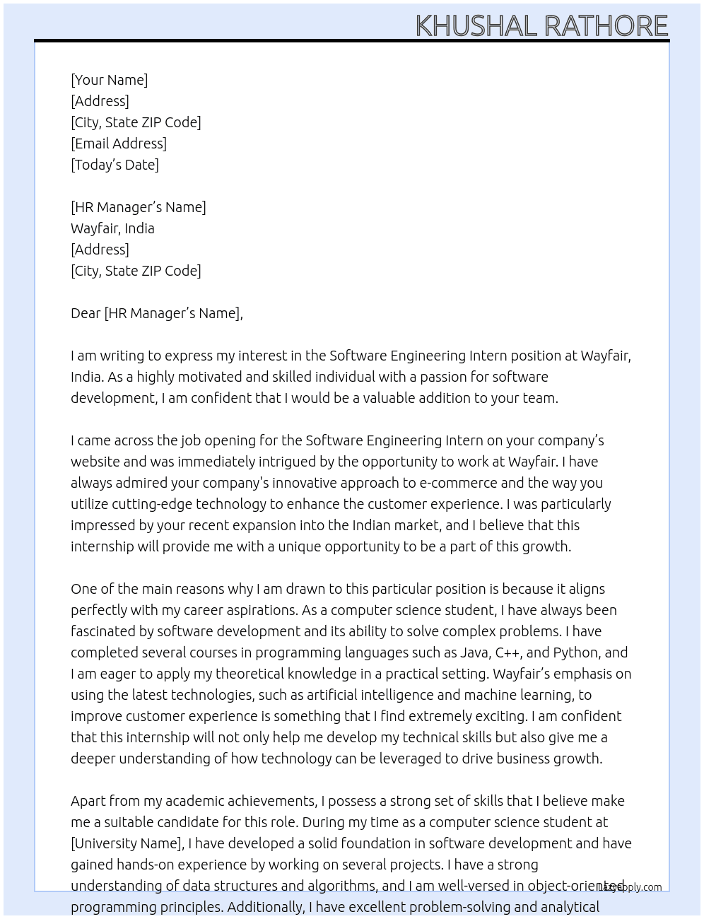 Software Engineering Intern At Wayfair, India Cover Letter