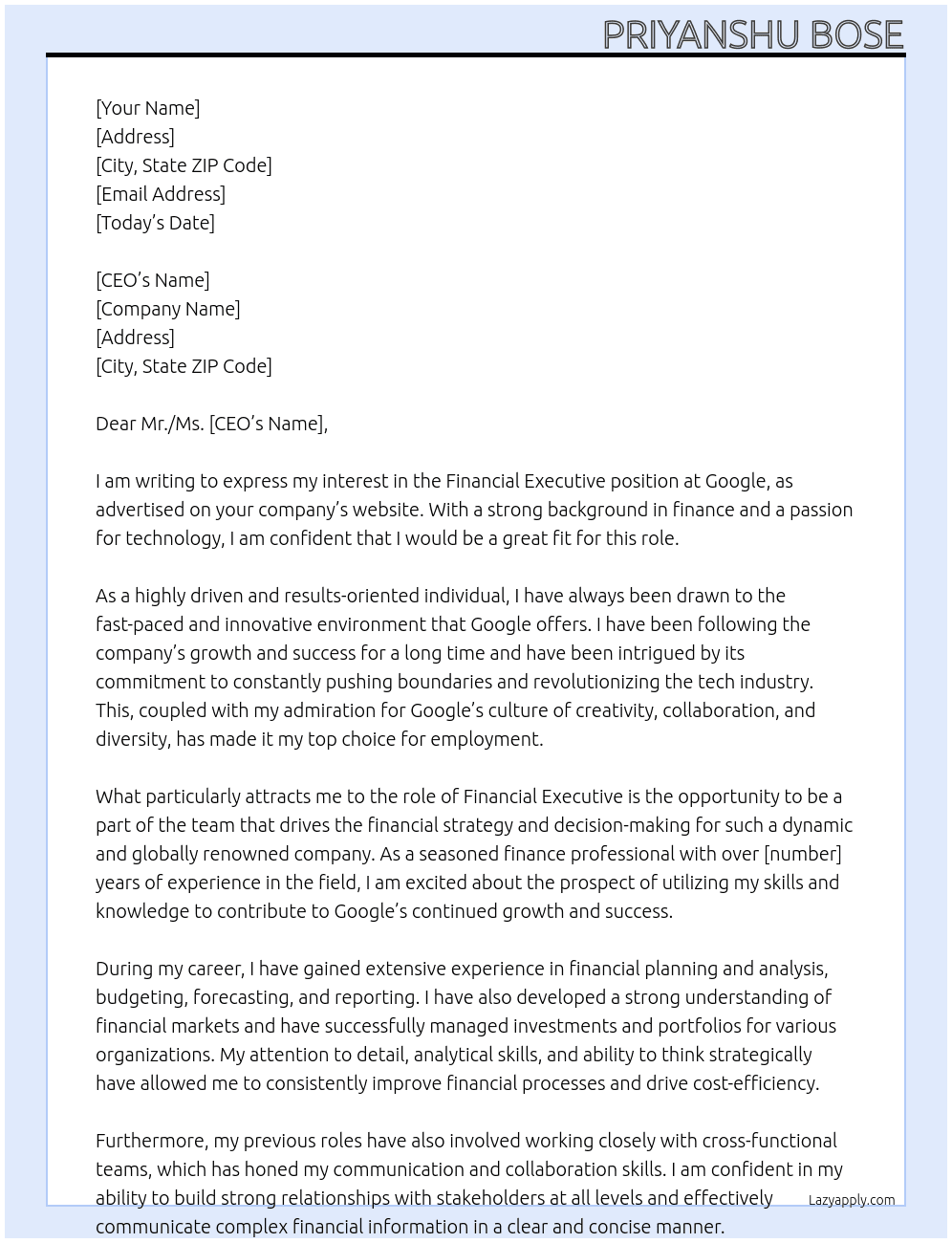 Cover letter for financial executive - LazyApply
