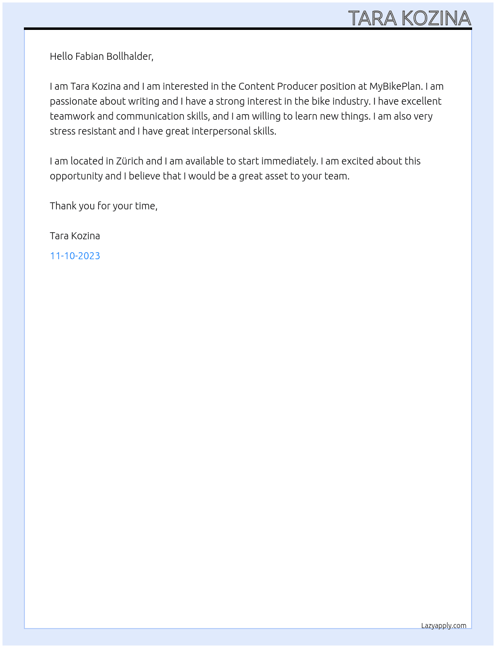 Content Producer At MyBikePlan Cover Letter