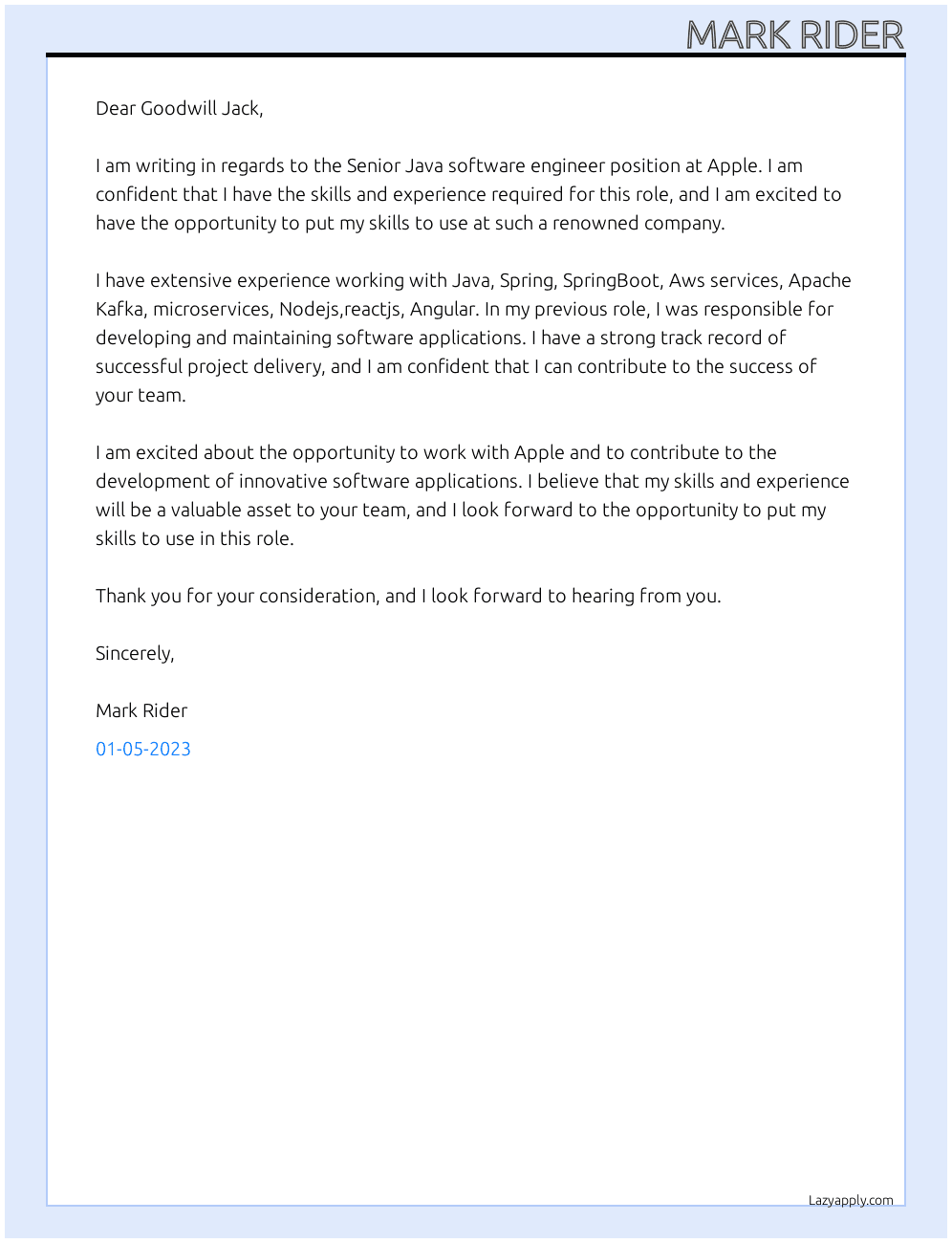 Senior Java software engineer At apple Cover Letter