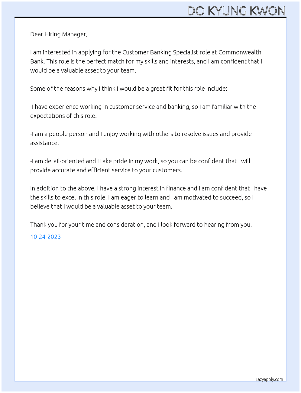 Customer Banking Specialist At Commonwealth bank Cover Letter